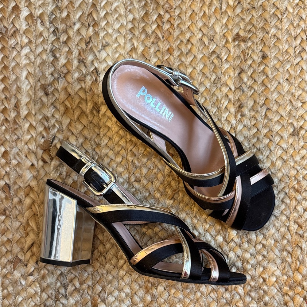 Pollini 40 Silver Black Metallic Suede Strappy Chunky Heels Shoes